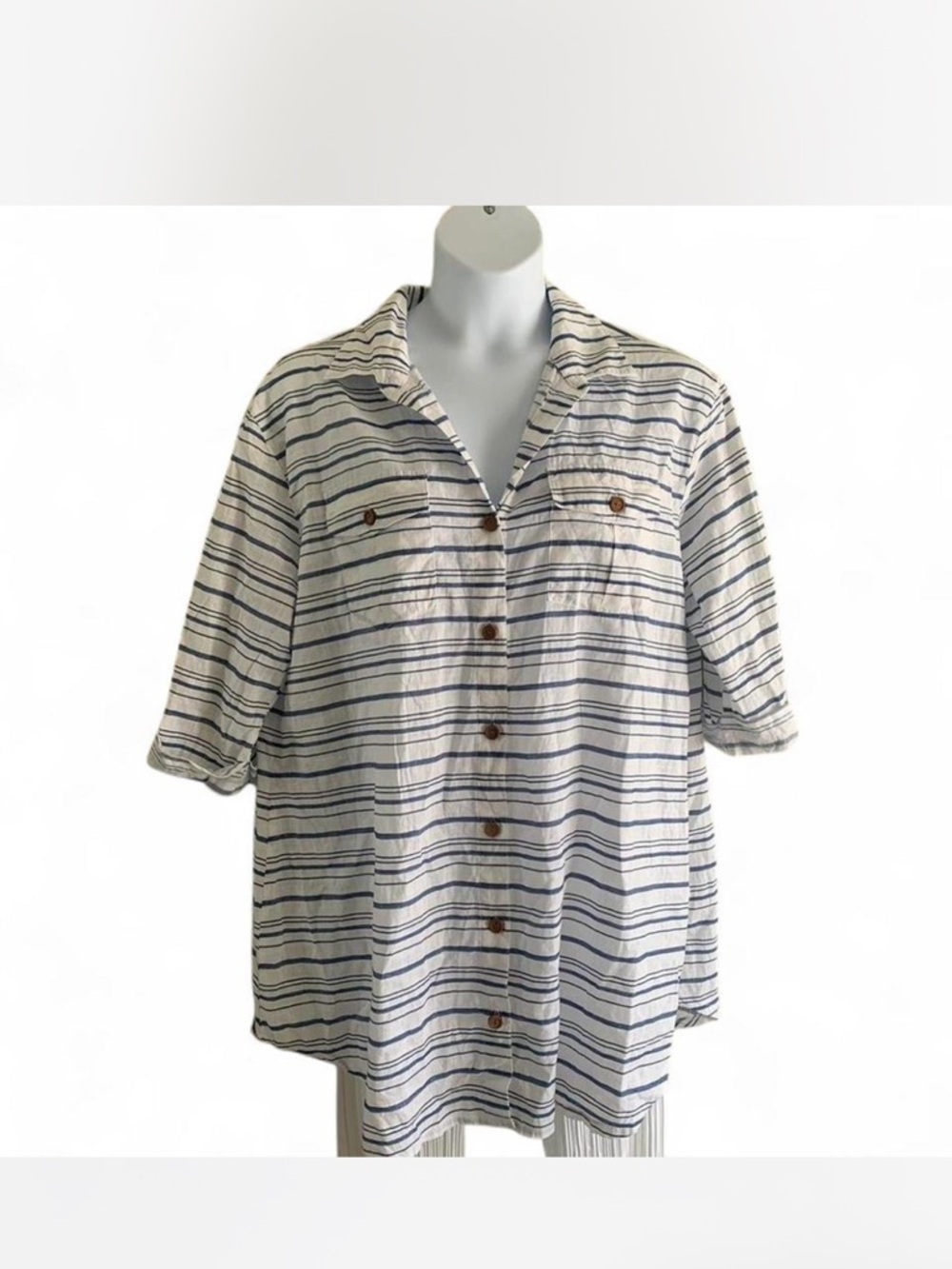 Oversized  Cottage Grandmacore Dotti White Shirt with Navy Stripes size 1X